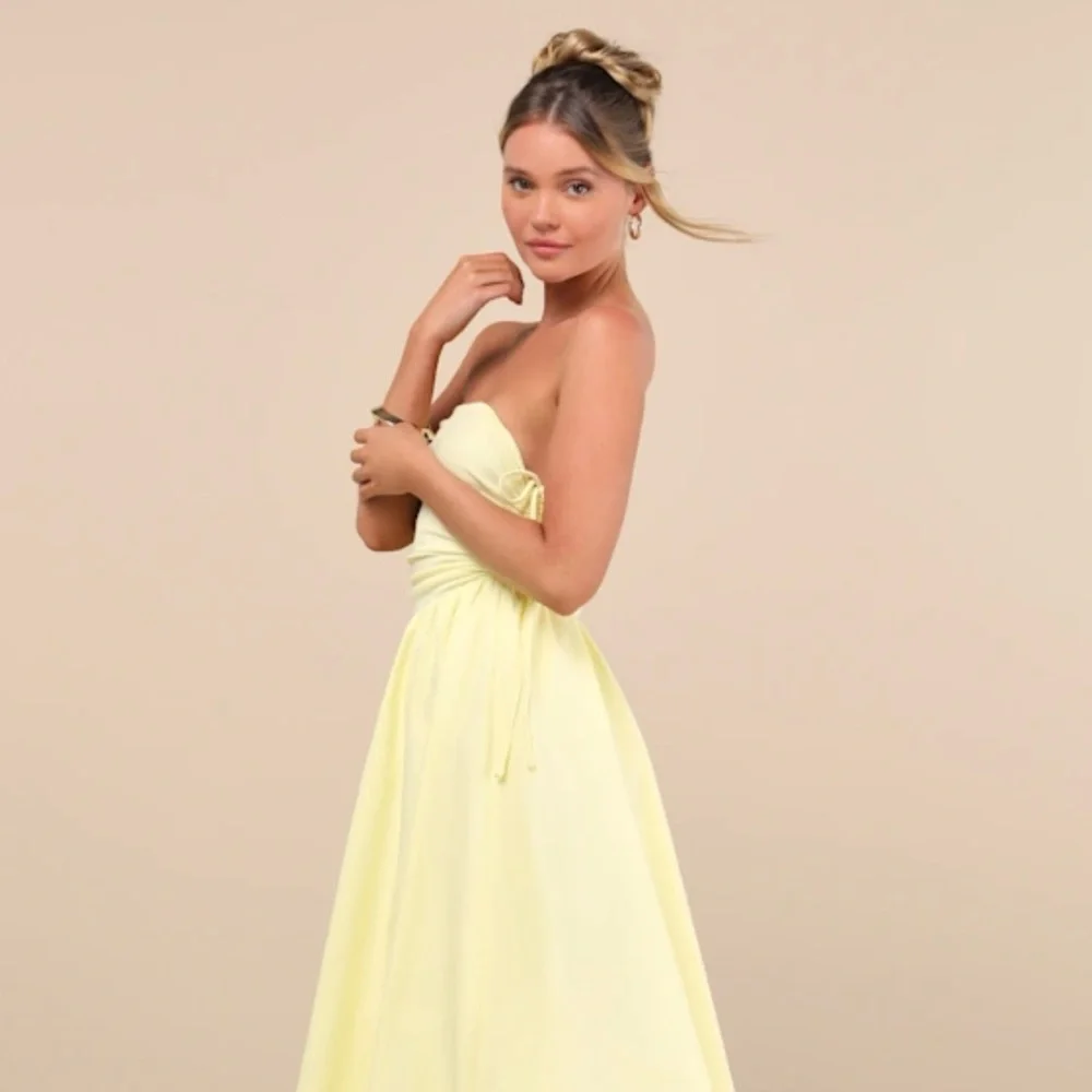 ***NWT***Lulus Chrissa Light Yellow Strapless Drawstring Midi Dress - Size S - Picture 2 of 4